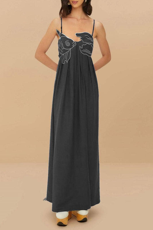 Vivid goldfish embroidered strappy maxi dress