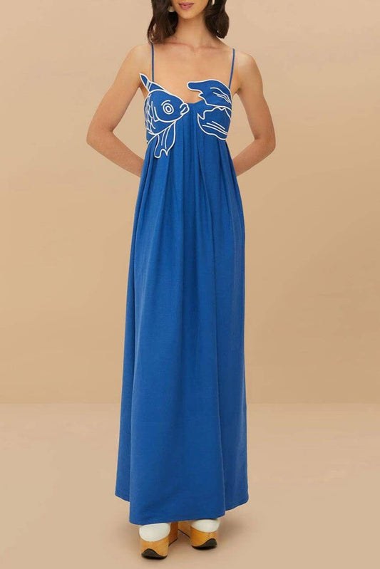 Vivid goldfish embroidered strappy maxi dress