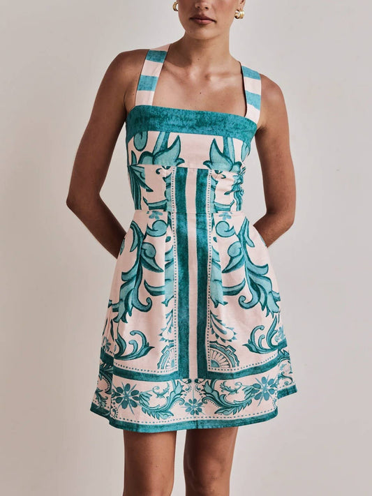 Cross Back Vintage Boho Print Slip Mini Dress