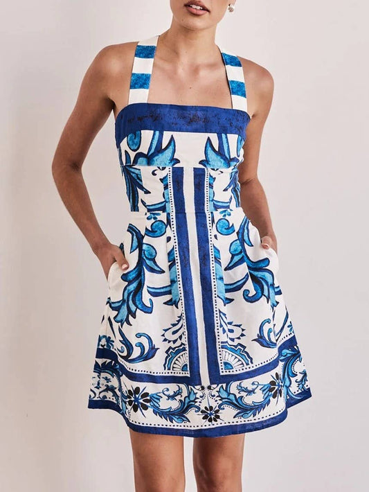 Cross Back Vintage Boho Print Slip Mini Dress