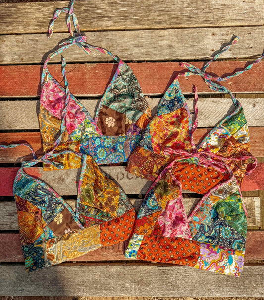 Beachy Boho Hippie Recycled Patchwork Bralette, Bra Top - Suburban Boho