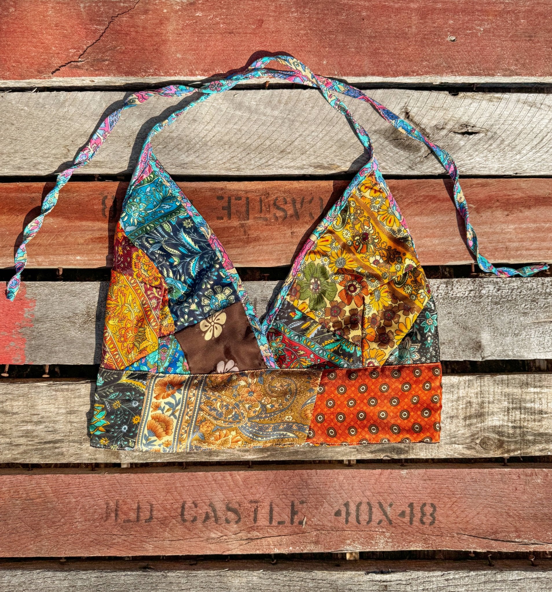 Beachy Boho Hippie Recycled Patchwork Bralette, Bra Top - Suburban Boho