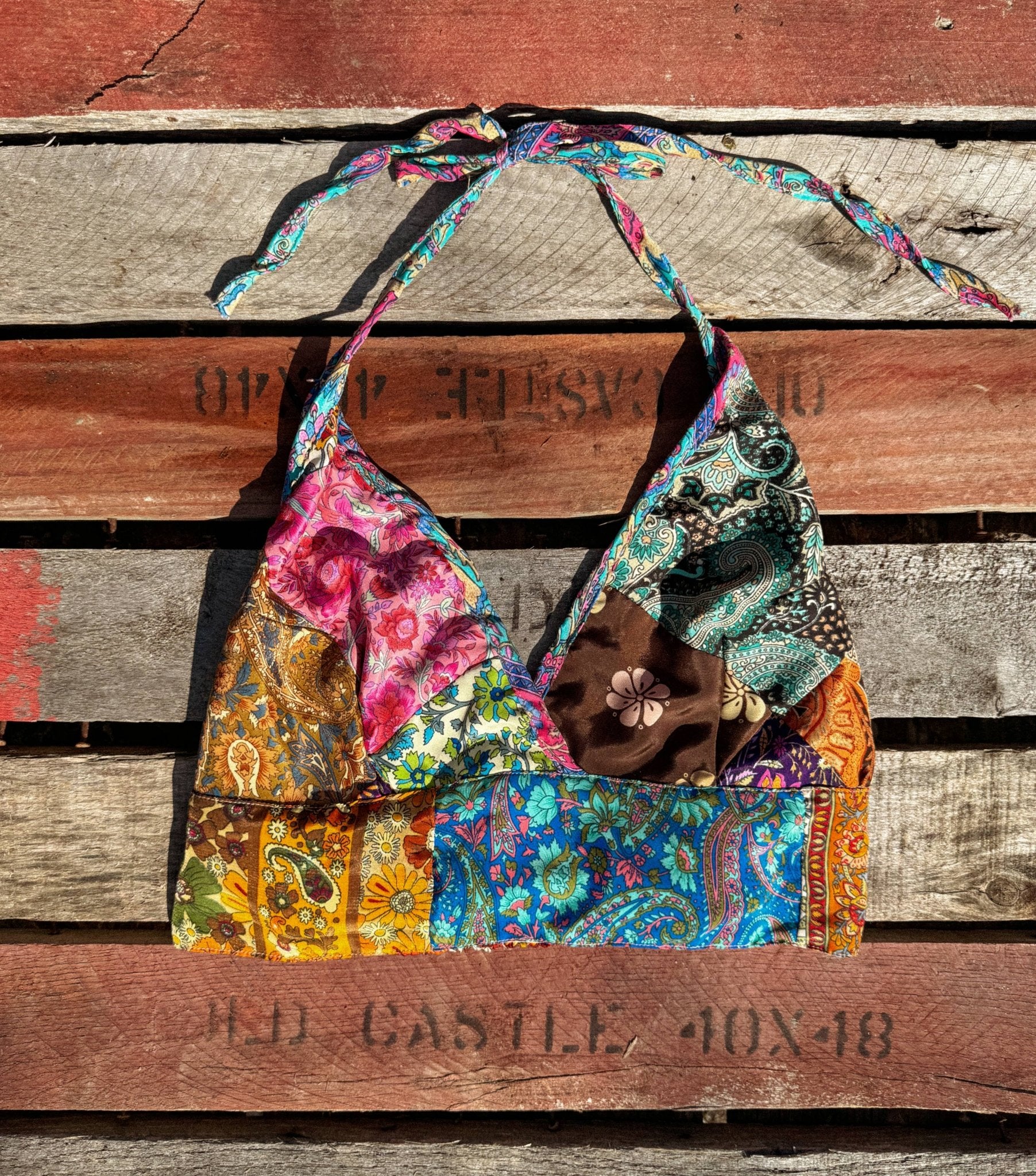 Beachy Boho Hippie Recycled Patchwork Bralette, Bra Top - Suburban Boho