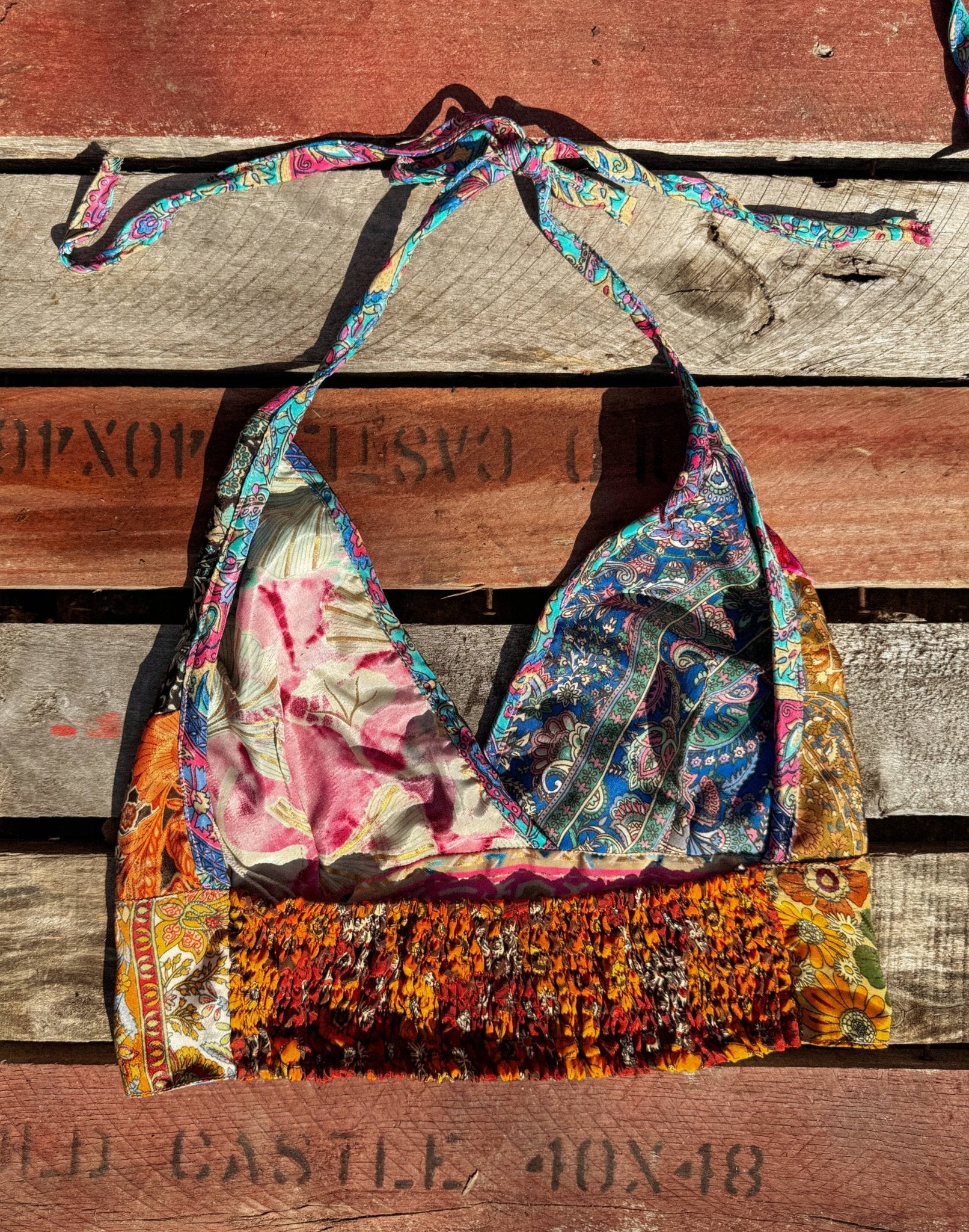 Beachy Boho Hippie Recycled Patchwork Bralette, Bra Top - Suburban Boho