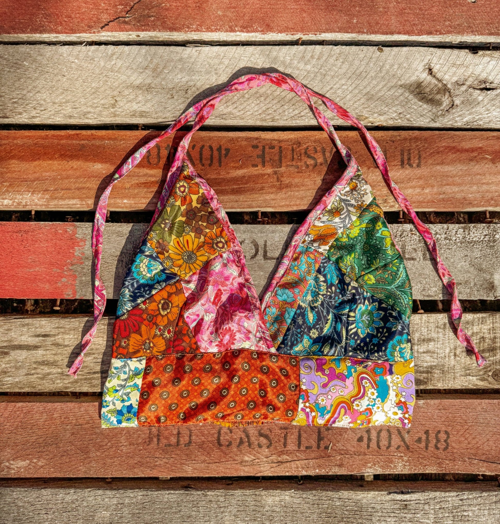 Beachy Boho Hippie Recycled Patchwork Bralette, Bra Top - Suburban Boho
