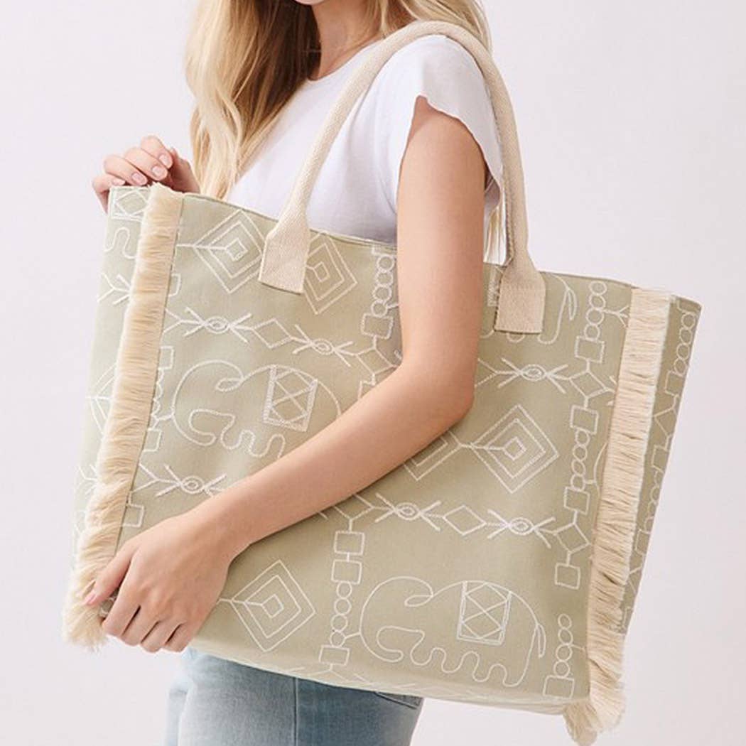 Boho Geometric Elephant Print Fringe Tote Bag - Suburban Boho