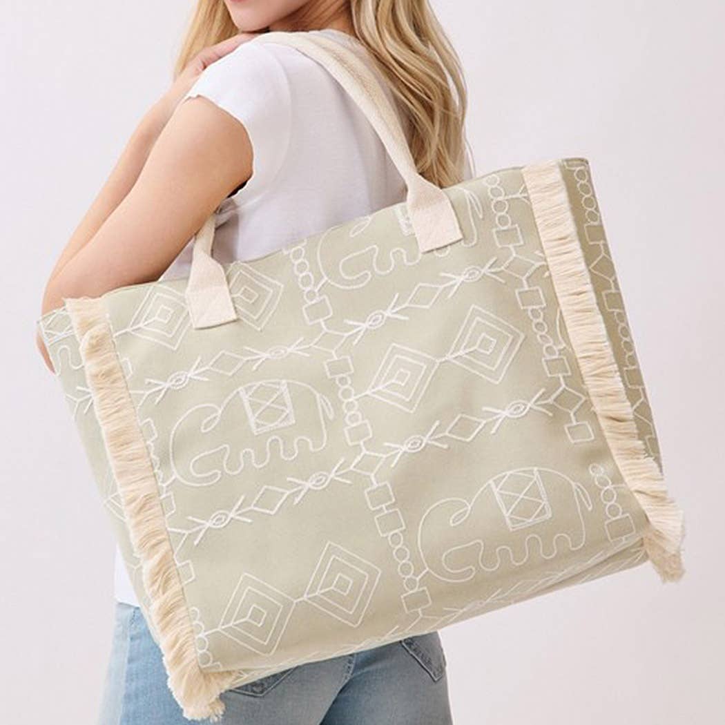 Boho Geometric Elephant Print Fringe Tote Bag - Suburban Boho