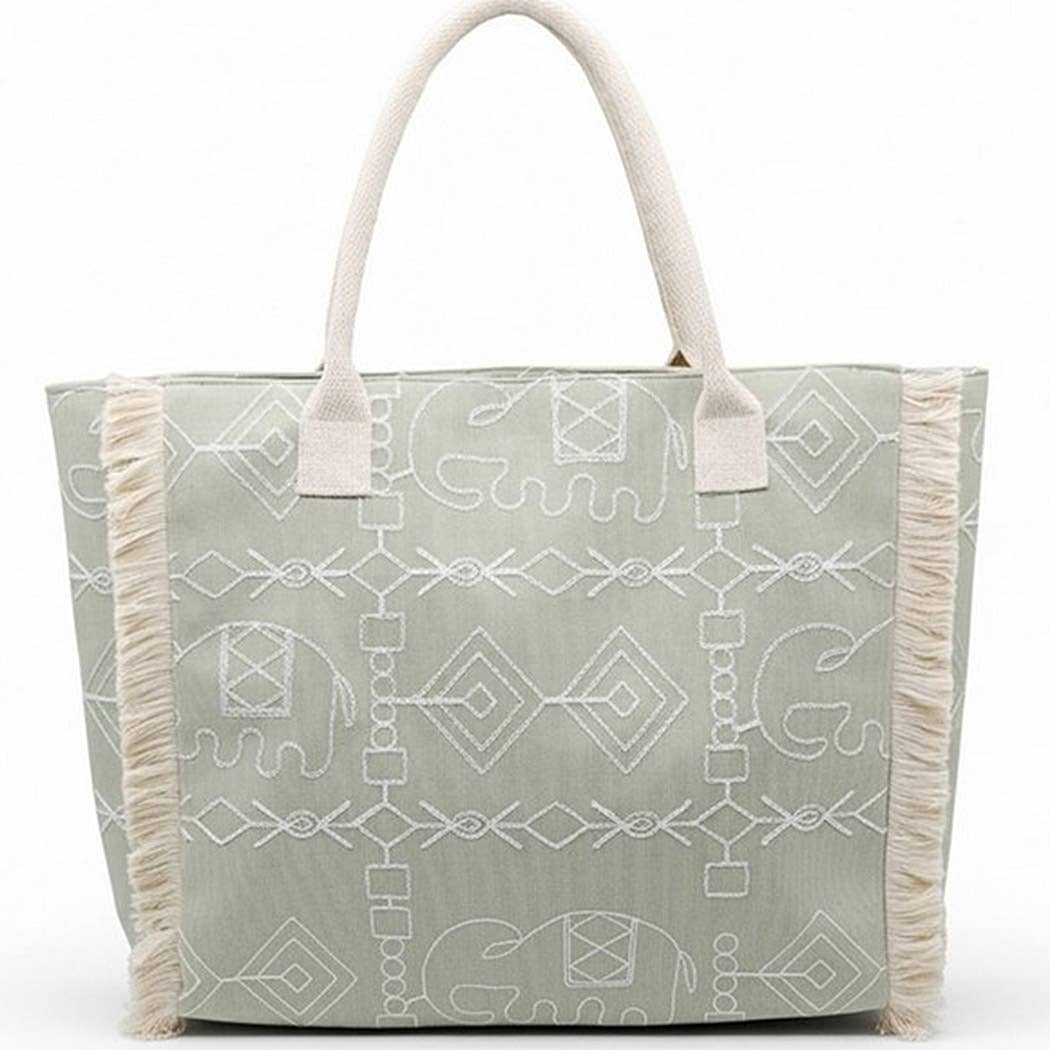Boho Geometric Elephant Print Fringe Tote Bag - Suburban Boho