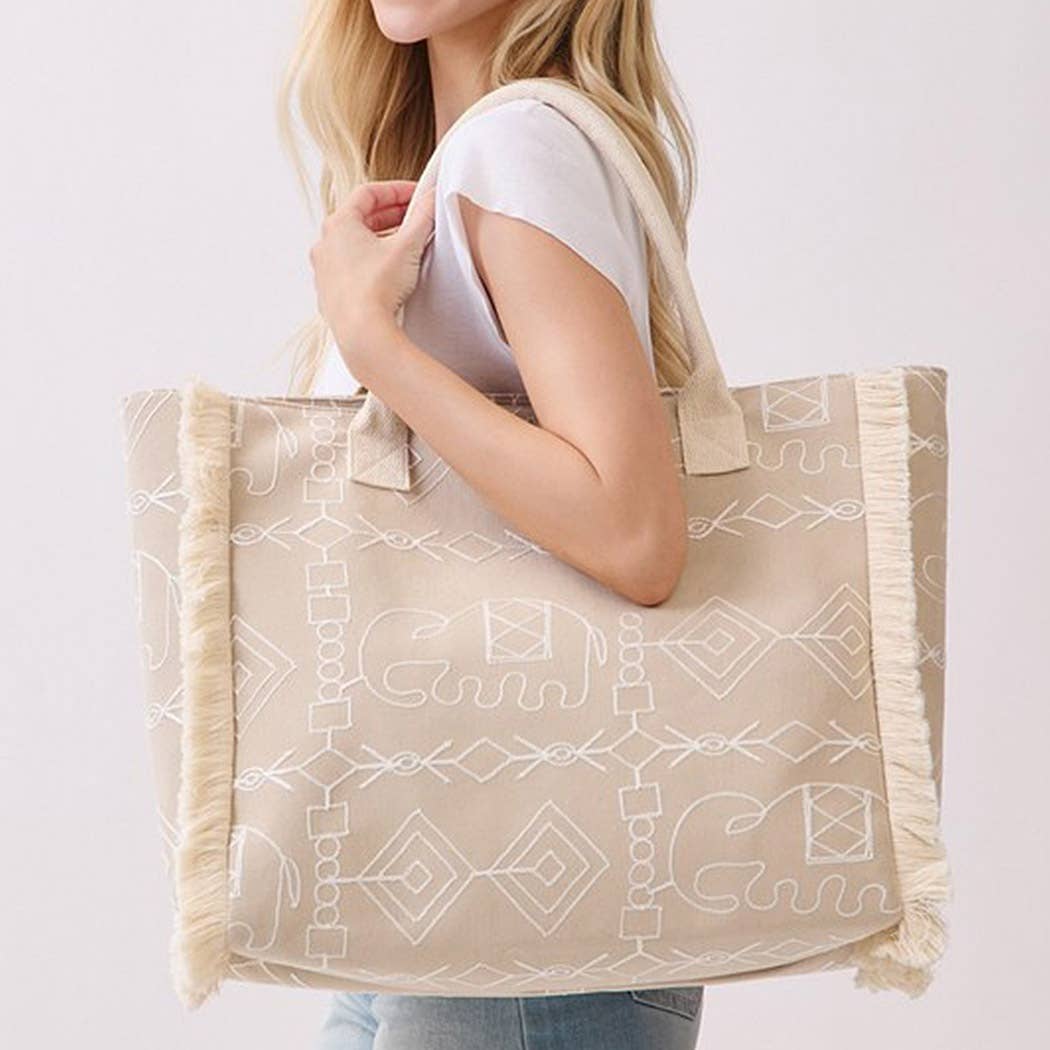 Boho Geometric Elephant Print Fringe Tote Bag - Suburban Boho