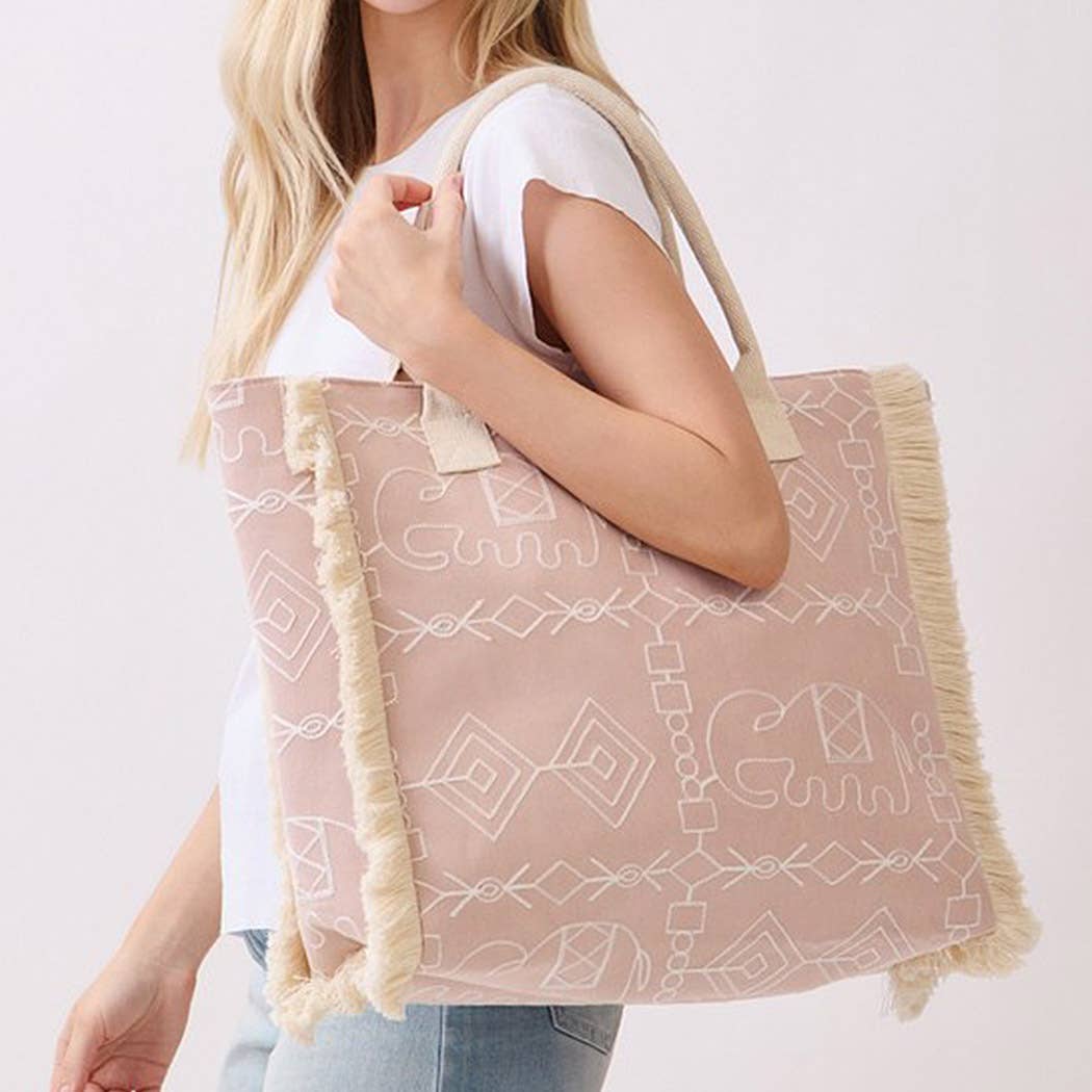 Boho Geometric Elephant Print Fringe Tote Bag - Suburban Boho