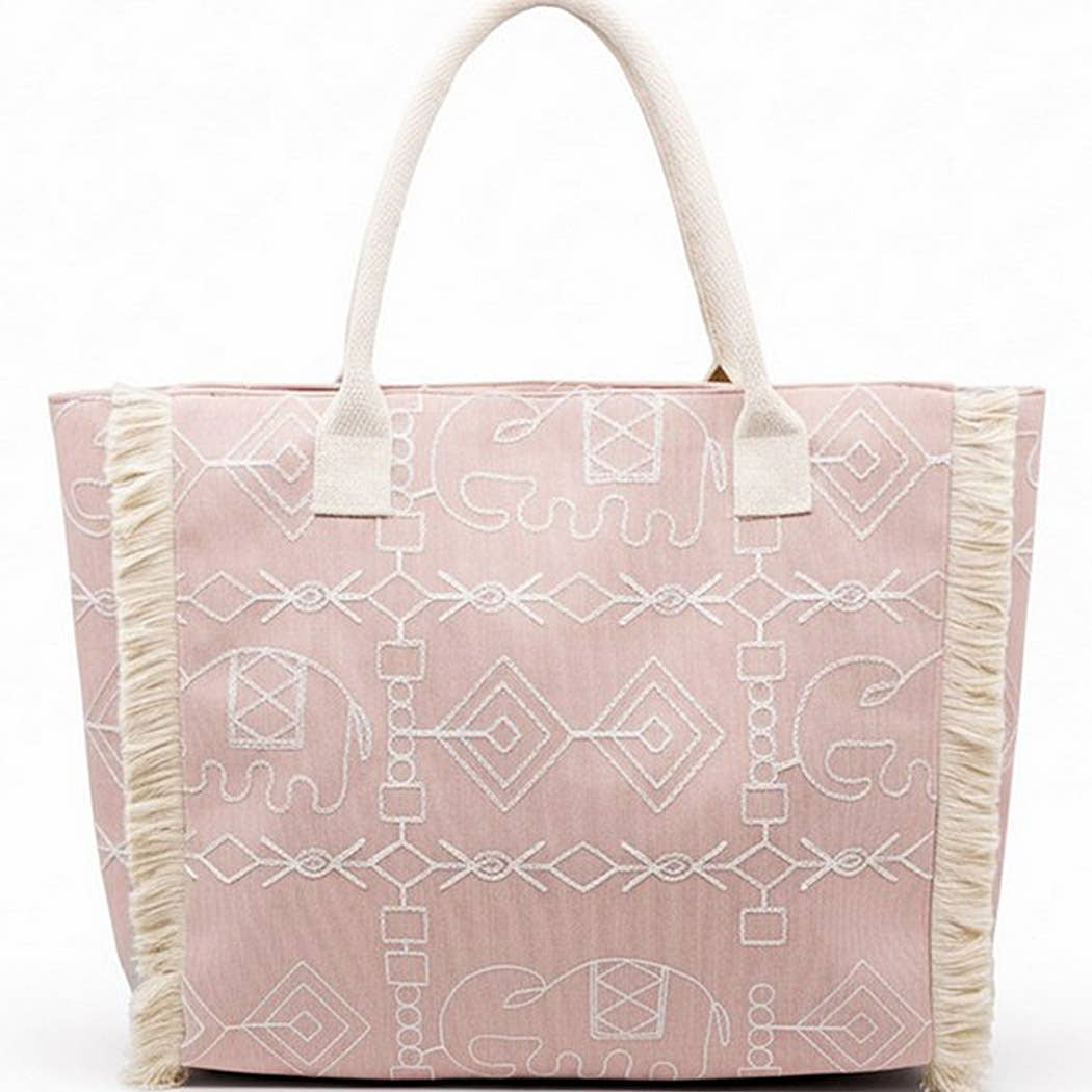 Boho Geometric Elephant Print Fringe Tote Bag - Suburban Boho