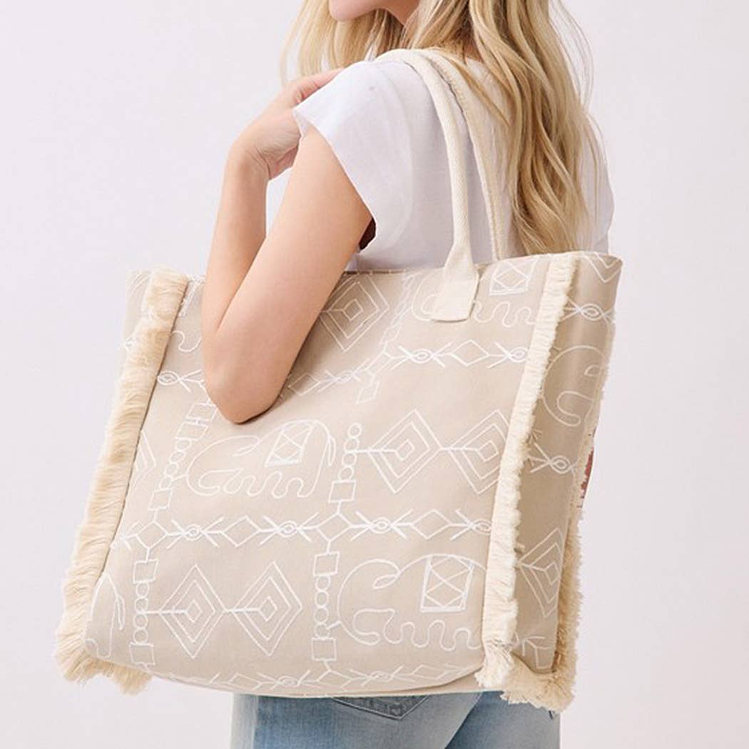 Boho Geometric Elephant Print Fringe Tote Bag - Suburban Boho