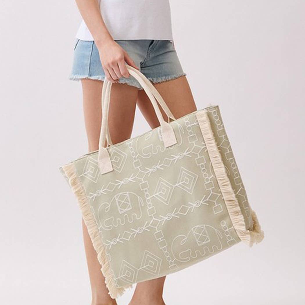 Boho Geometric Elephant Print Fringe Tote Bag - Suburban Boho