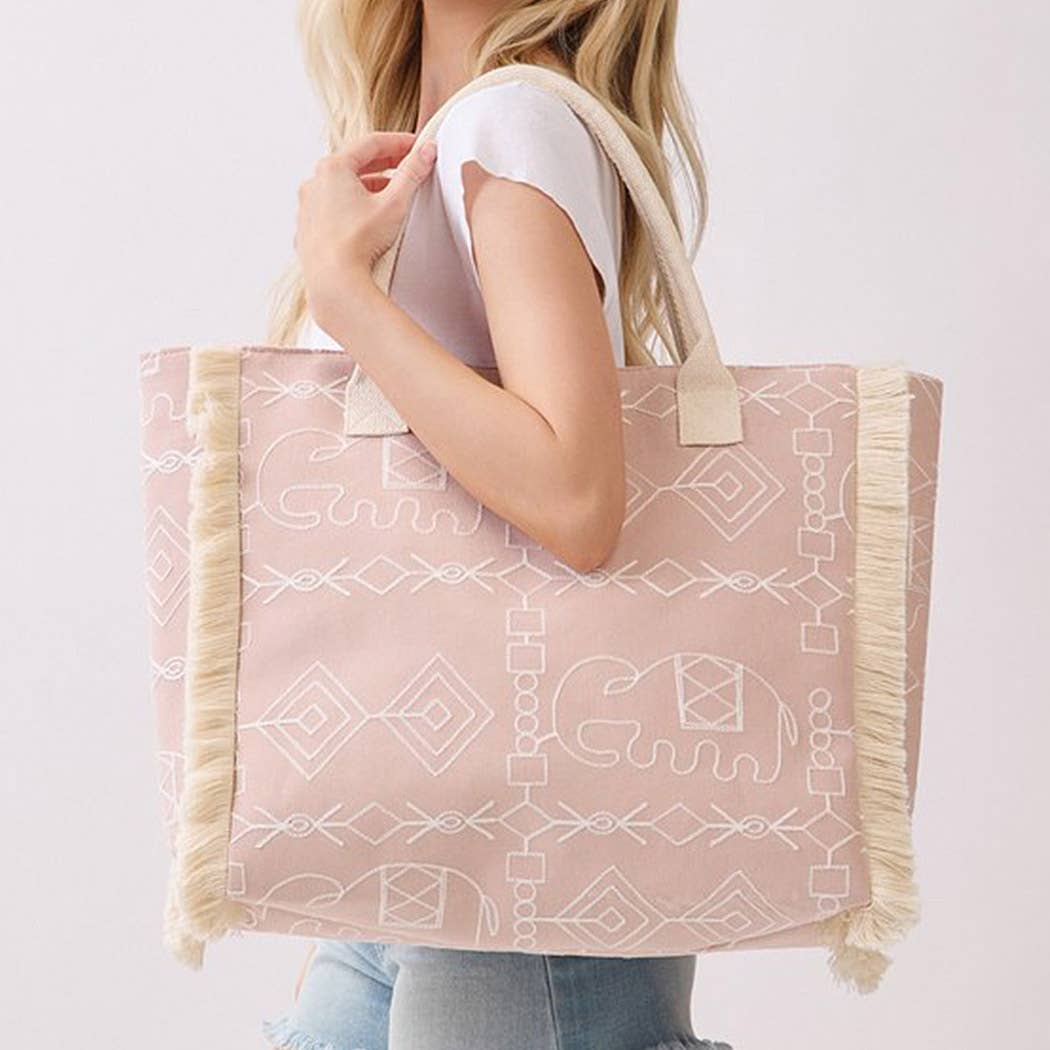 Boho Geometric Elephant Print Fringe Tote Bag - Suburban Boho