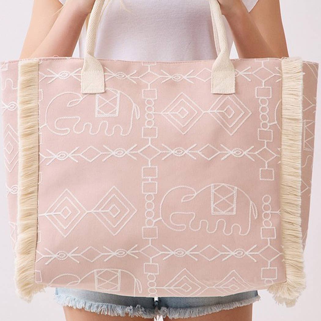 Boho Geometric Elephant Print Fringe Tote Bag - Suburban Boho