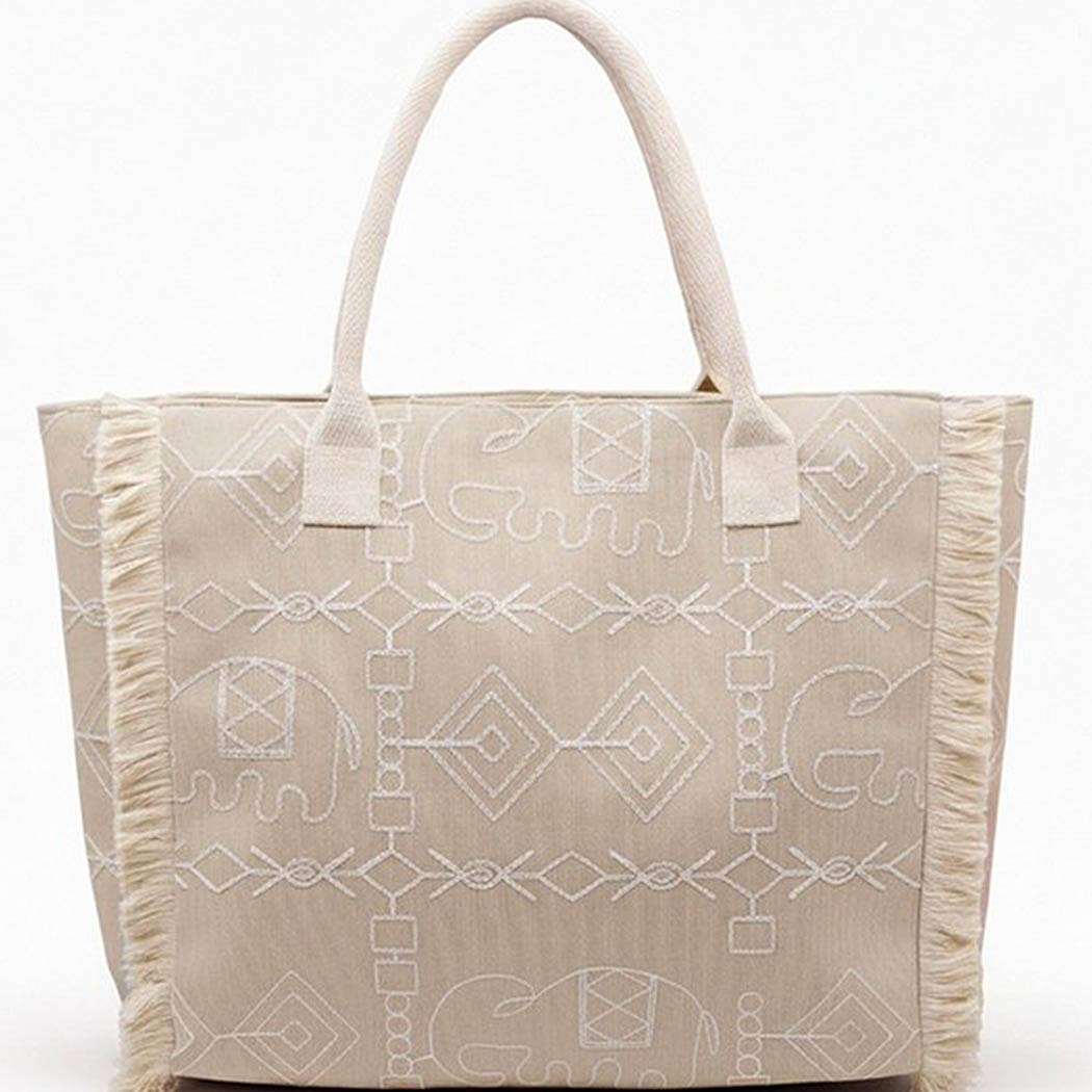 Boho Geometric Elephant Print Fringe Tote Bag - Suburban Boho
