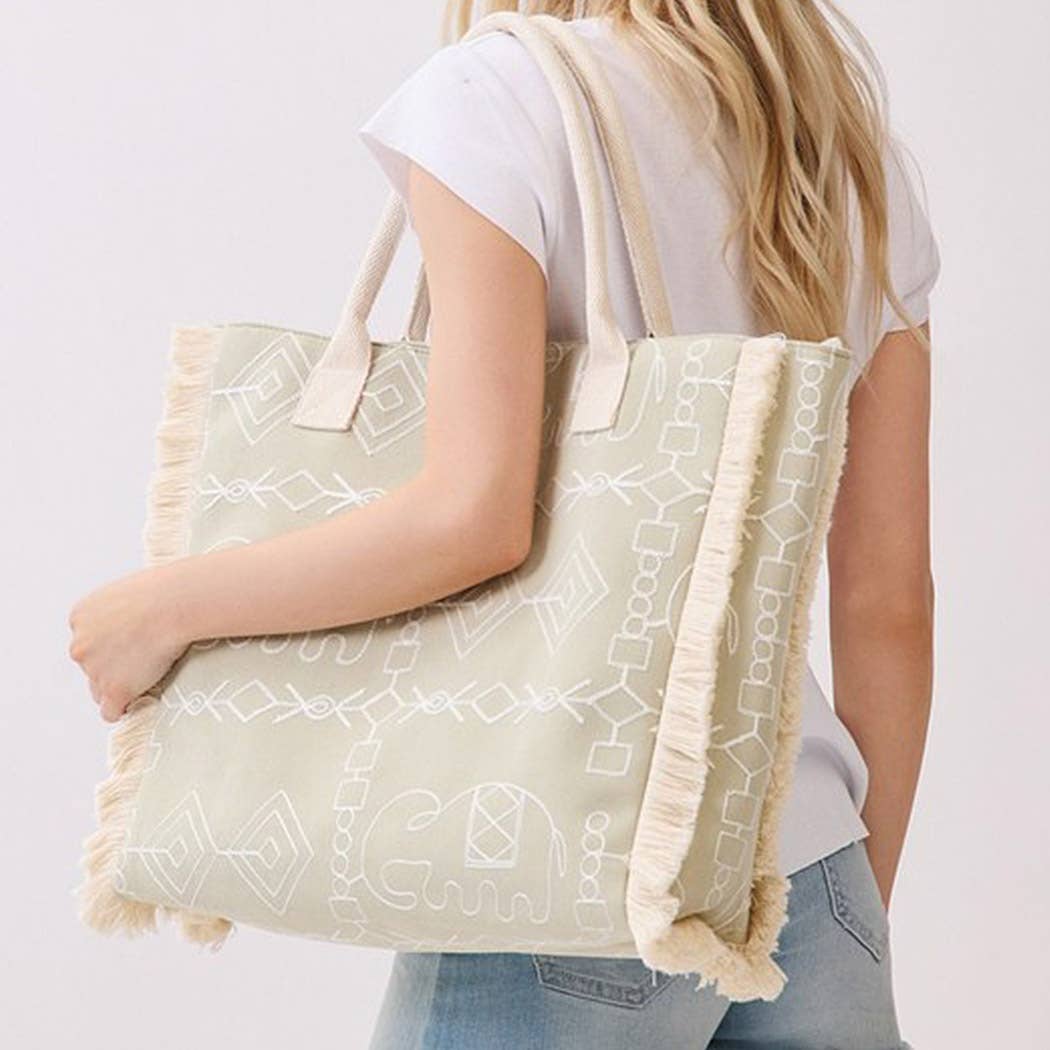 Boho Geometric Elephant Print Fringe Tote Bag - Suburban Boho
