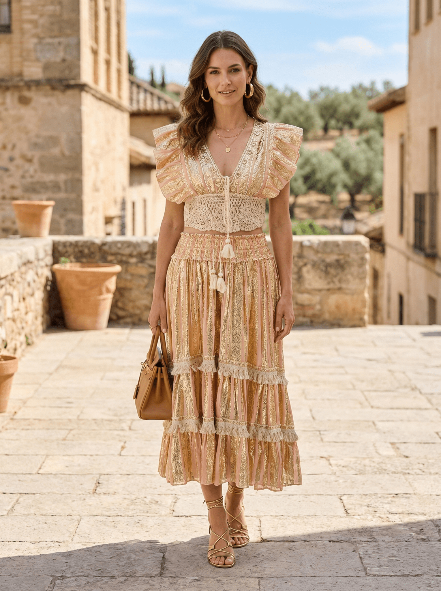 Boho Skirt and Top Set in Cotton with Crochet, Lurex Thread - Suburban Boho