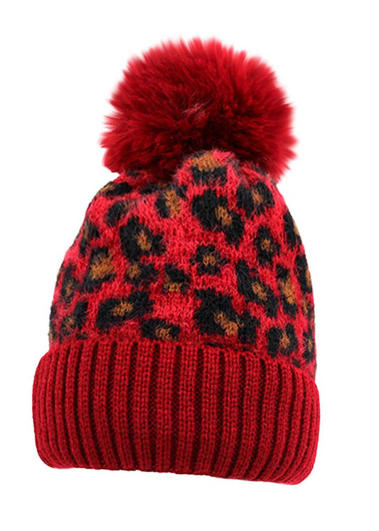 Red Leopard Pom Pom Kat Beanie Hat Winter Valentine's Day