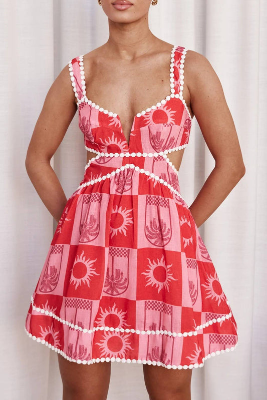 Sun Goddess checkered Unique print Hollow Mini Dress