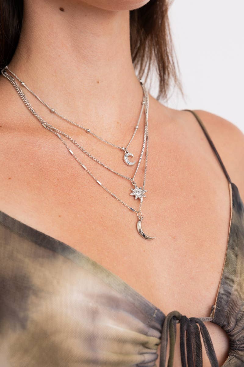 🌙⭐ Celestial Layered Necklace - Moon and Star Charms 🌜✨ - Suburban Boho