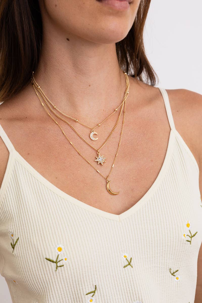🌙⭐ Celestial Layered Necklace - Moon and Star Charms 🌜✨ - Suburban Boho