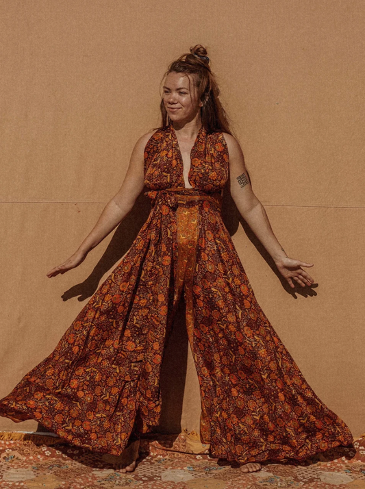 Hippie Bohemian Wide Leg Multi Way Silk Jumpsuit, XS & L/XL