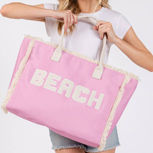 EMBROIDERED BEACH LETTER FRINGE TOTE BAG - Suburban Boho