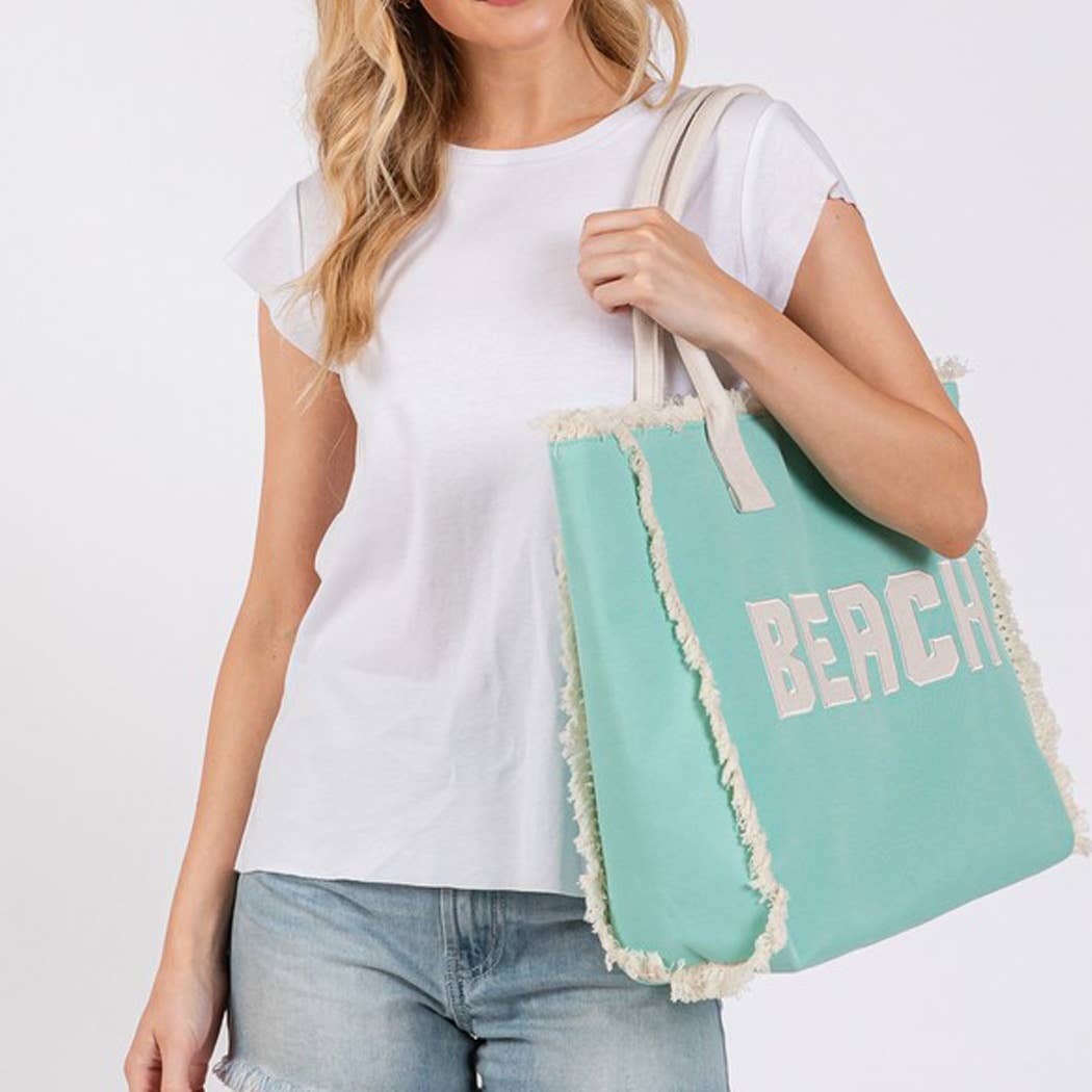 EMBROIDERED BEACH LETTER FRINGE TOTE BAG - Suburban Boho