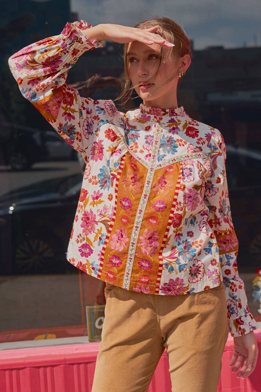 EXCLUSIVE FLORAL BORDER PRINT TOP WITH FLORAL TRIM MTP4097 - Suburban Boho