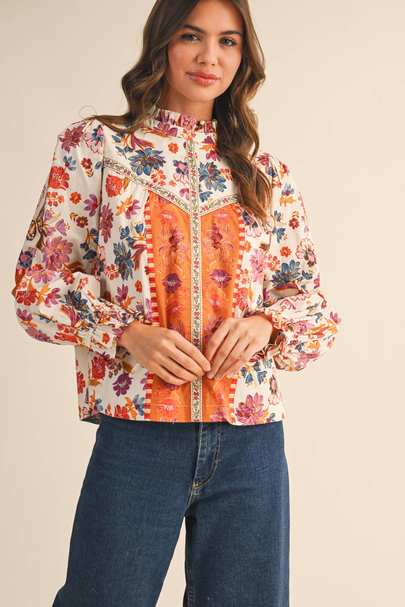 EXCLUSIVE FLORAL BORDER PRINT TOP WITH FLORAL TRIM MTP4097 - Suburban Boho