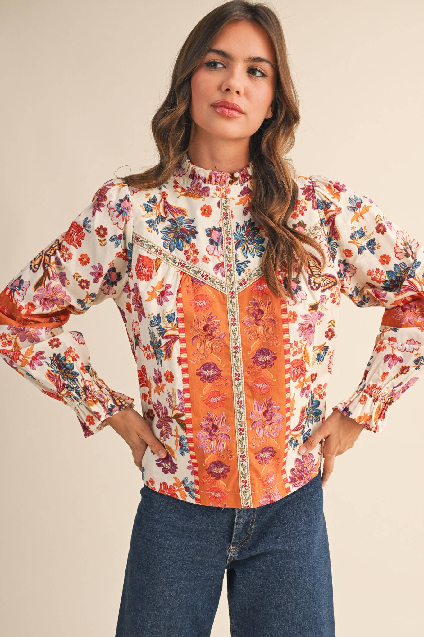 EXCLUSIVE FLORAL BORDER PRINT TOP WITH FLORAL TRIM MTP4097 - Suburban Boho