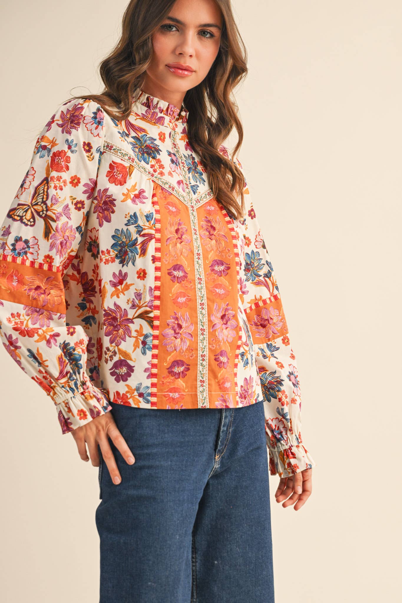 EXCLUSIVE FLORAL BORDER PRINT TOP WITH FLORAL TRIM MTP4097 - Suburban Boho