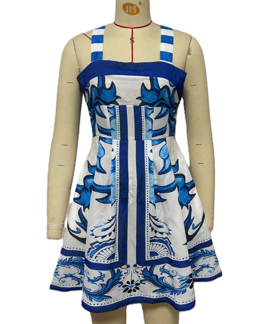 Cross Back Vintage Boho Print Slip Mini Dress