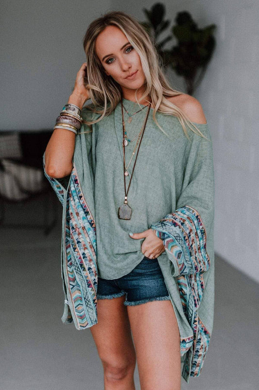 Fallon Embroidered Sleeve Poncho - Sage - Suburban Boho