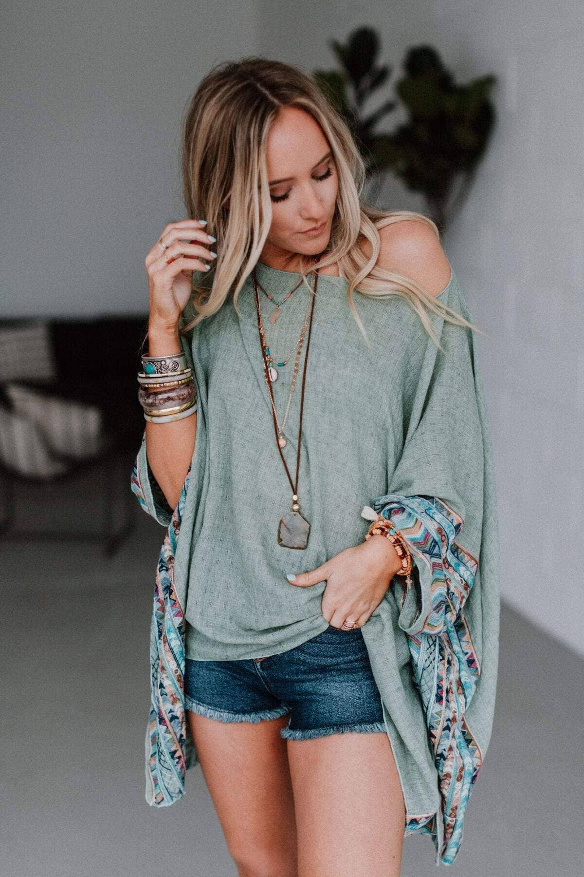 Fallon Embroidered Sleeve Poncho - Sage - Suburban Boho
