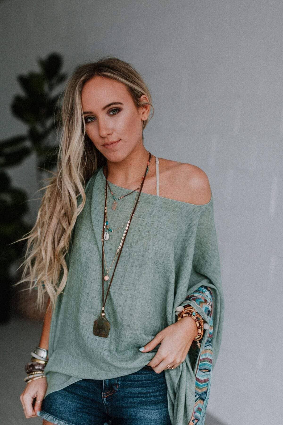 Fallon Embroidered Sleeve Poncho - Sage - Suburban Boho