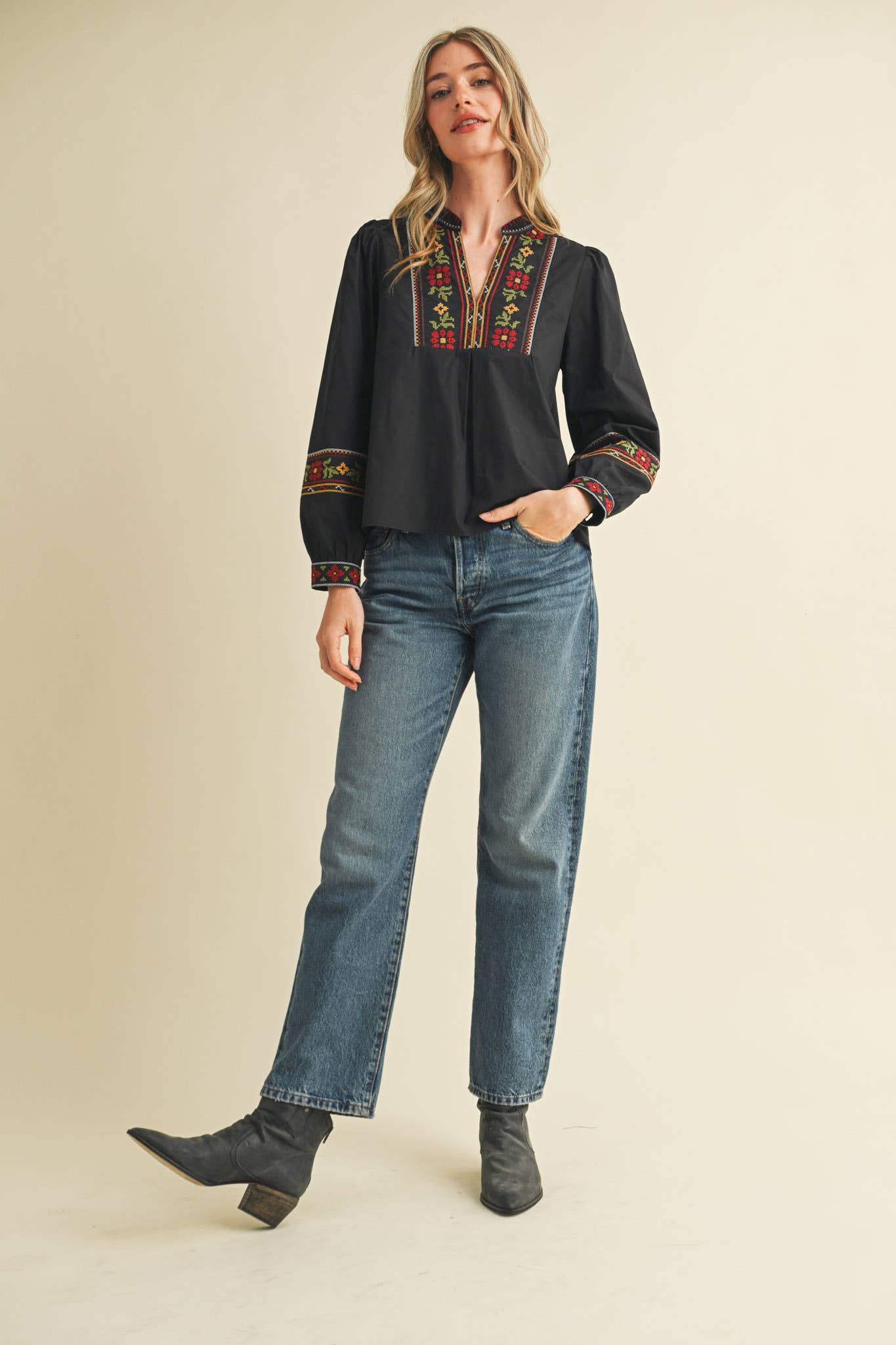 FLORAL CROSS STITCH EMBROIDERED PUFF SLEEVE TOP MTP4089 - Suburban Boho