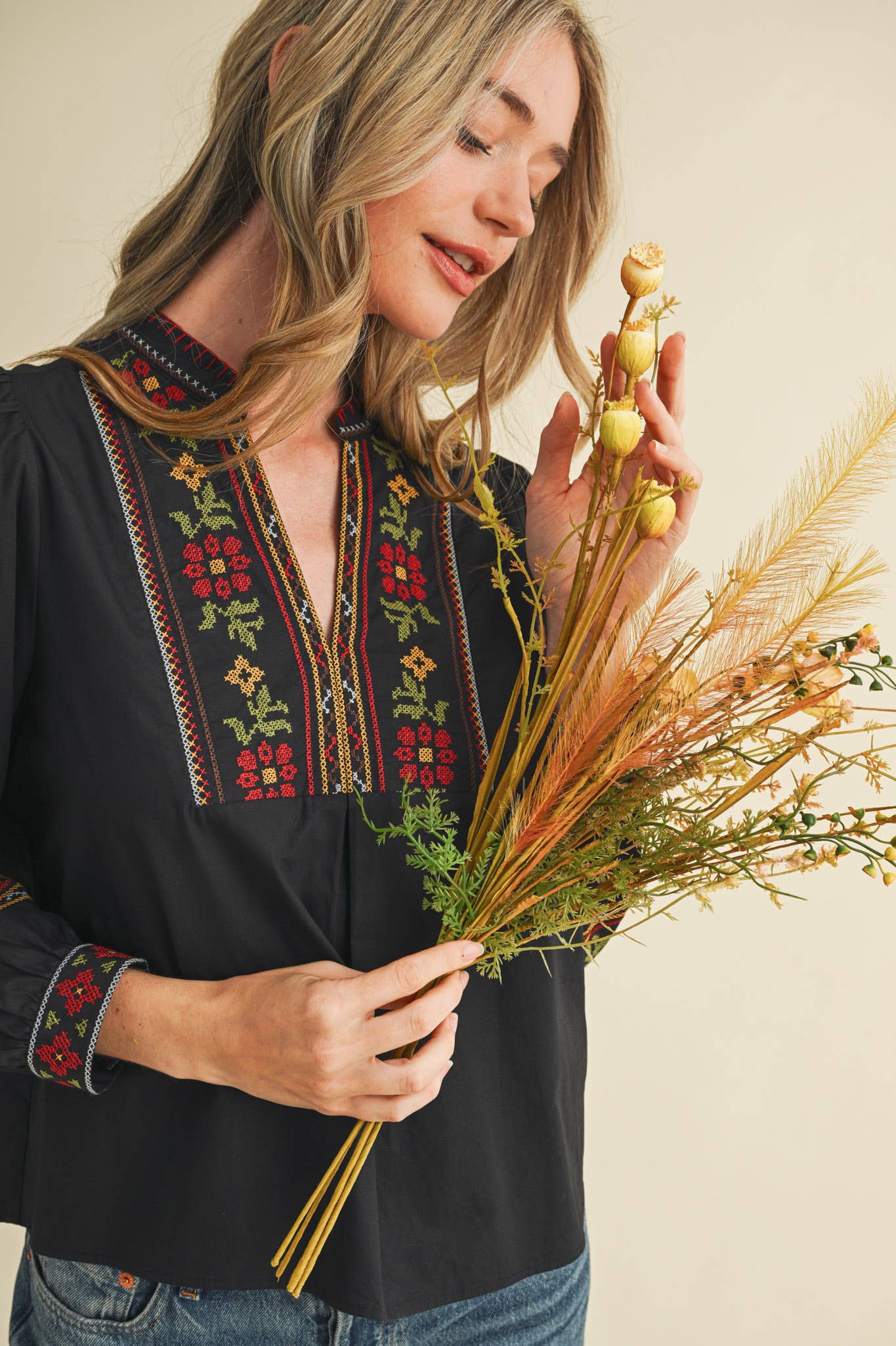 FLORAL CROSS STITCH EMBROIDERED PUFF SLEEVE TOP MTP4089 - Suburban Boho