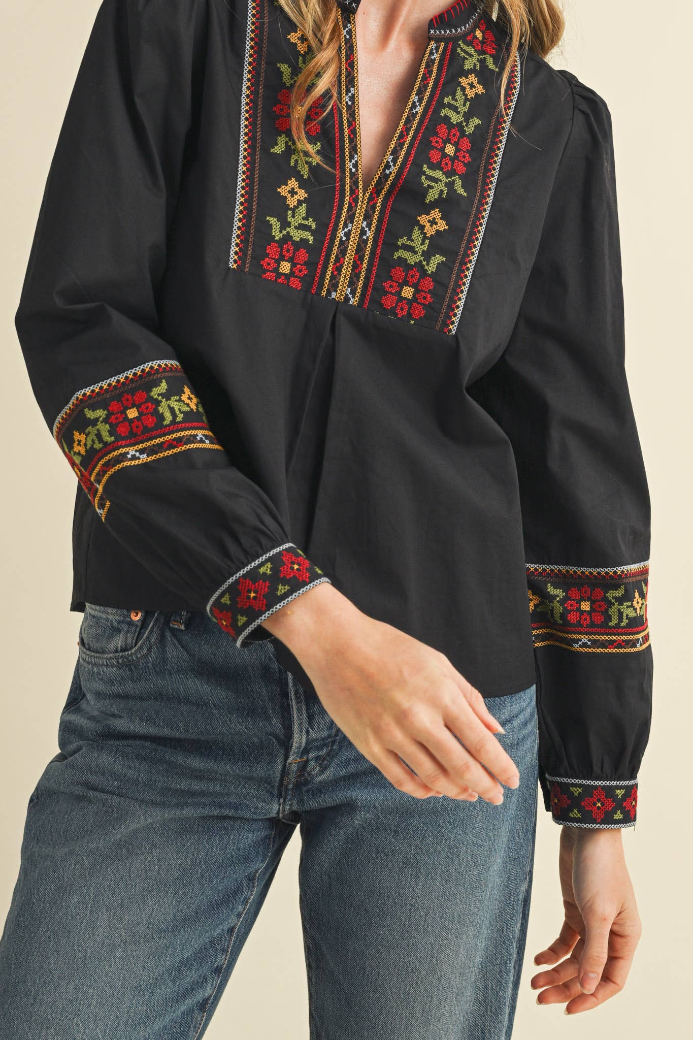 FLORAL CROSS STITCH EMBROIDERED PUFF SLEEVE TOP MTP4089 - Suburban Boho