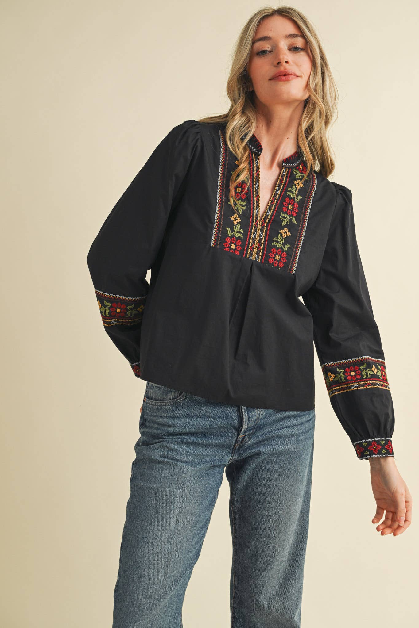 FLORAL CROSS STITCH EMBROIDERED PUFF SLEEVE TOP MTP4089 - Suburban Boho