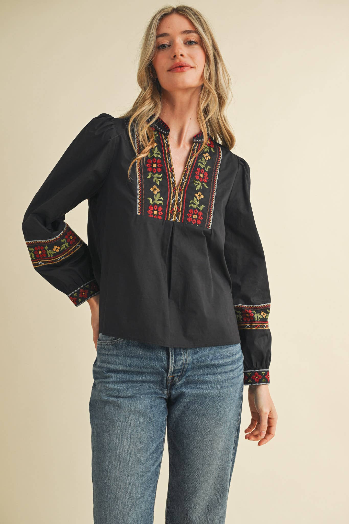 FLORAL CROSS STITCH EMBROIDERED PUFF SLEEVE TOP MTP4089 - Suburban Boho