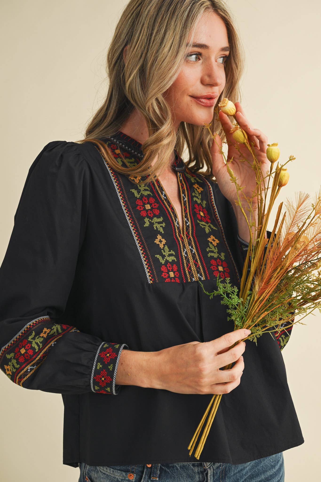 FLORAL CROSS STITCH EMBROIDERED PUFF SLEEVE TOP MTP4089 - Suburban Boho