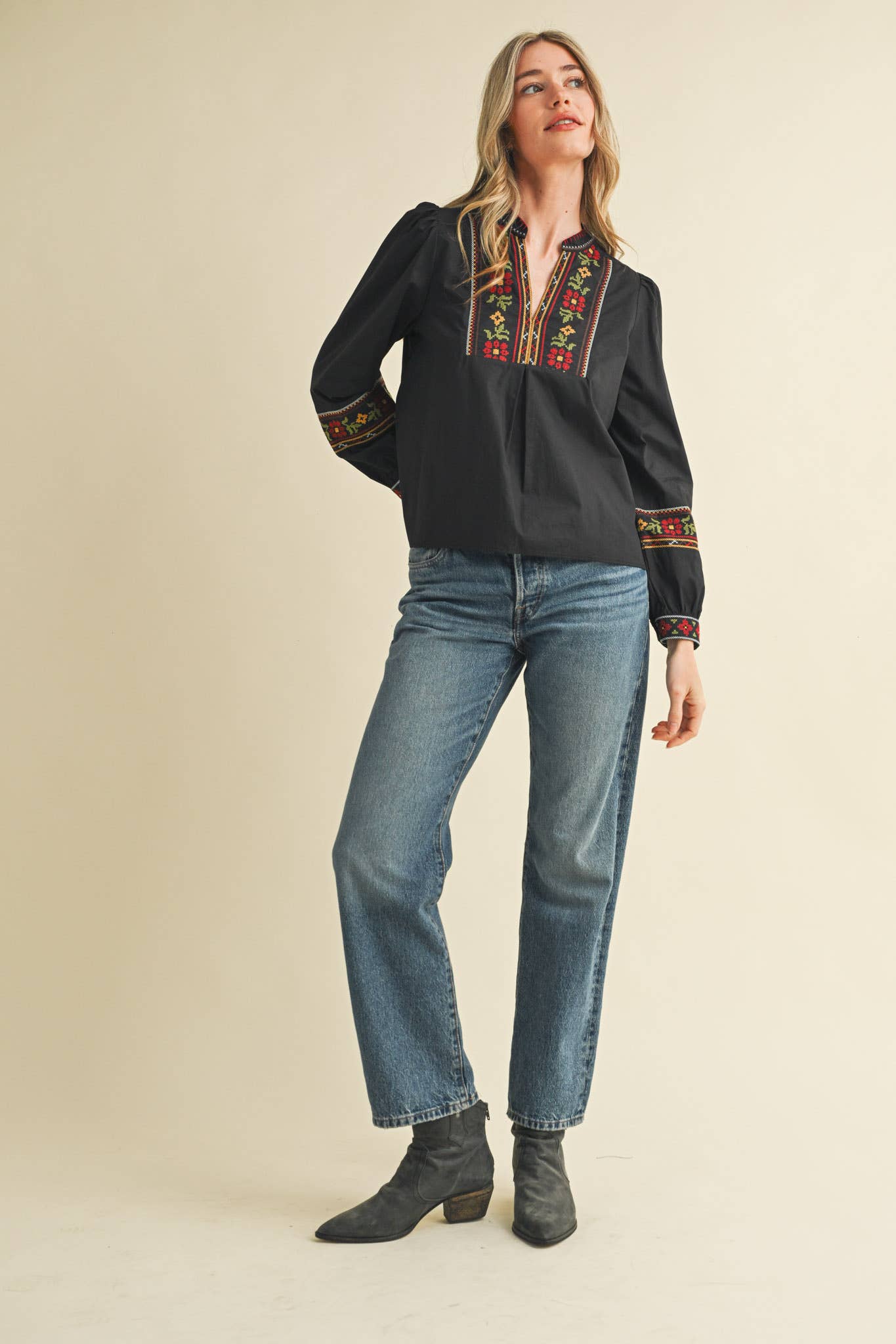 FLORAL CROSS STITCH EMBROIDERED PUFF SLEEVE TOP MTP4089 - Suburban Boho