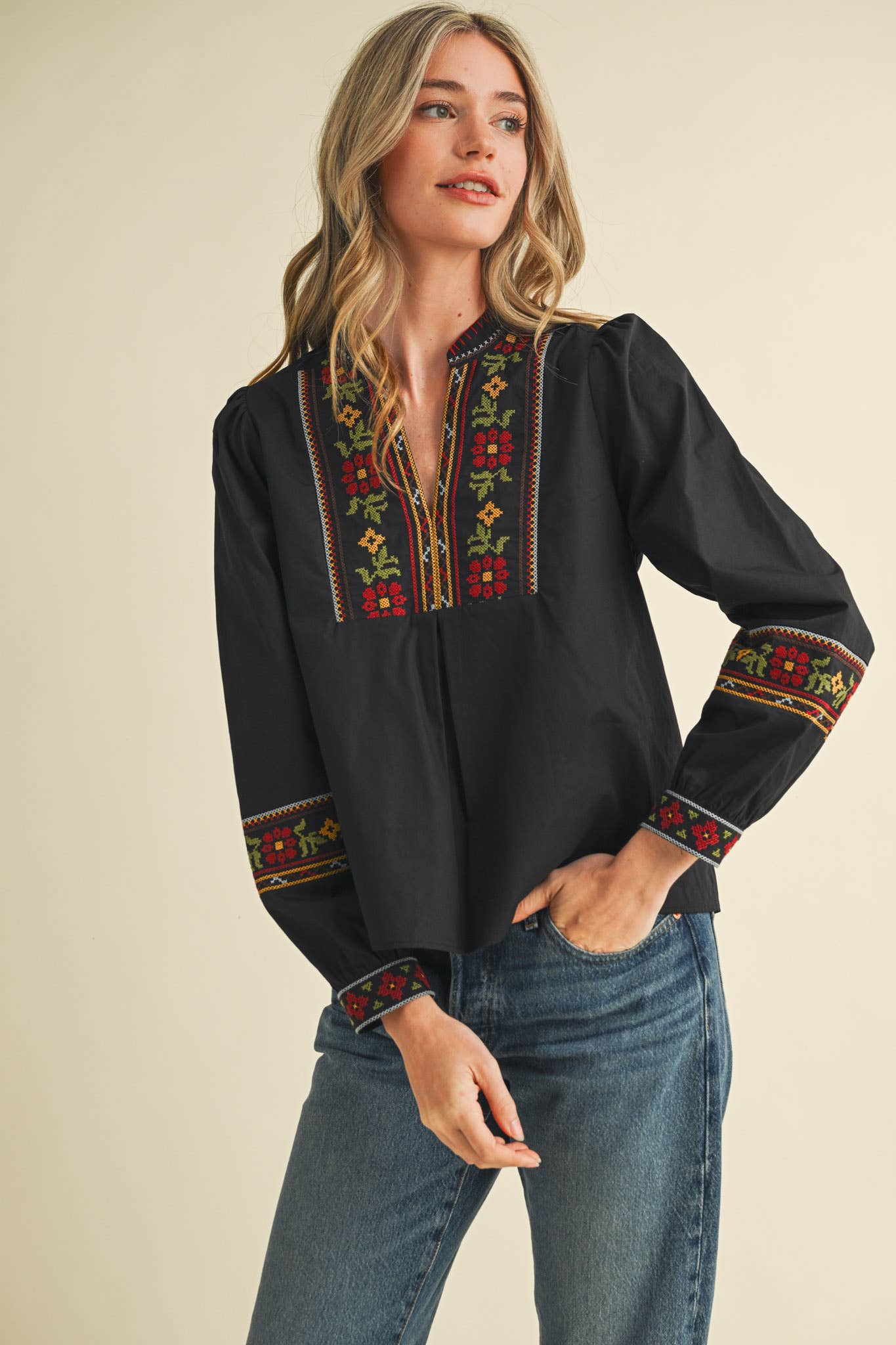 FLORAL CROSS STITCH EMBROIDERED PUFF SLEEVE TOP MTP4089 - Suburban Boho