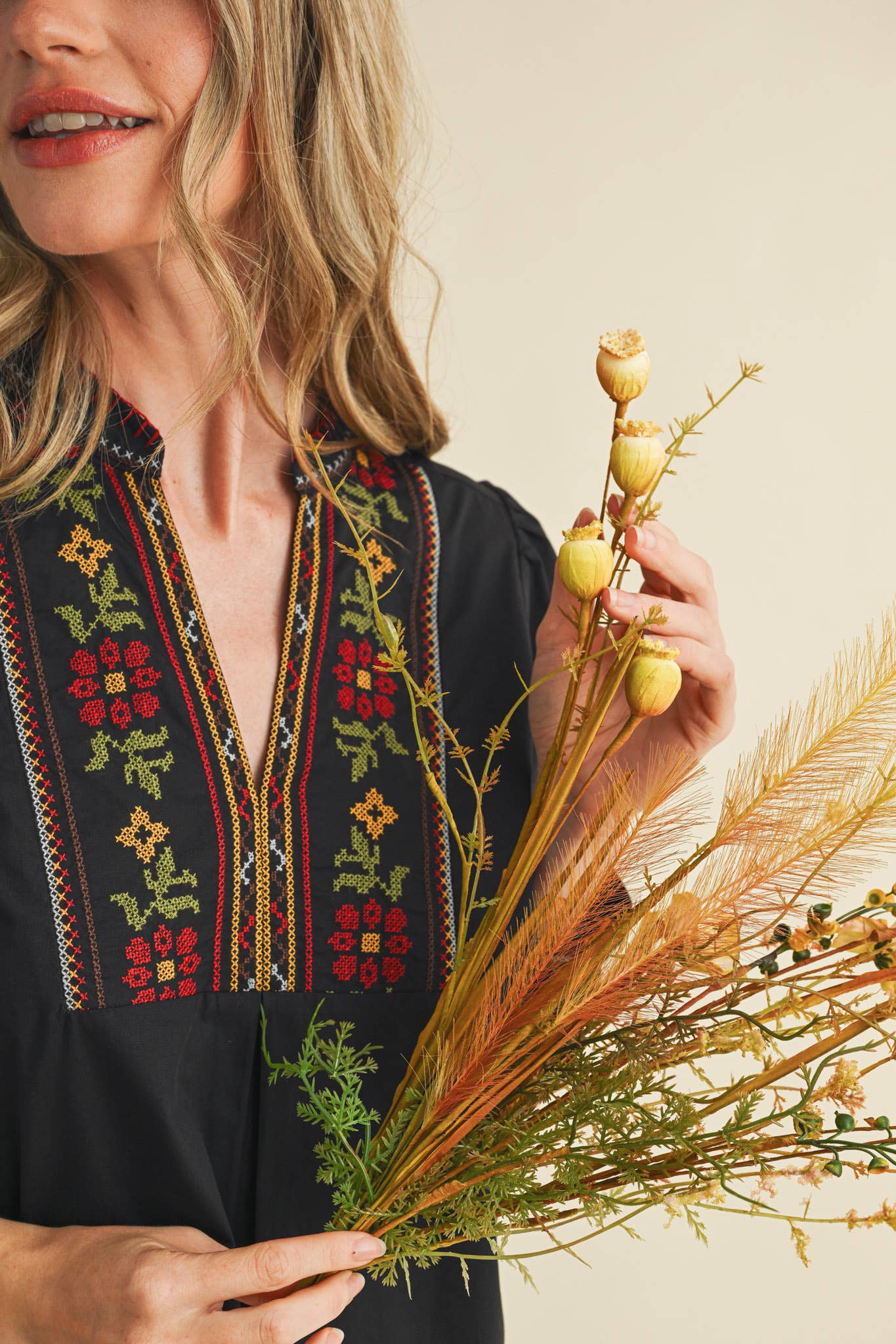 FLORAL CROSS STITCH EMBROIDERED PUFF SLEEVE TOP MTP4089 - Suburban Boho