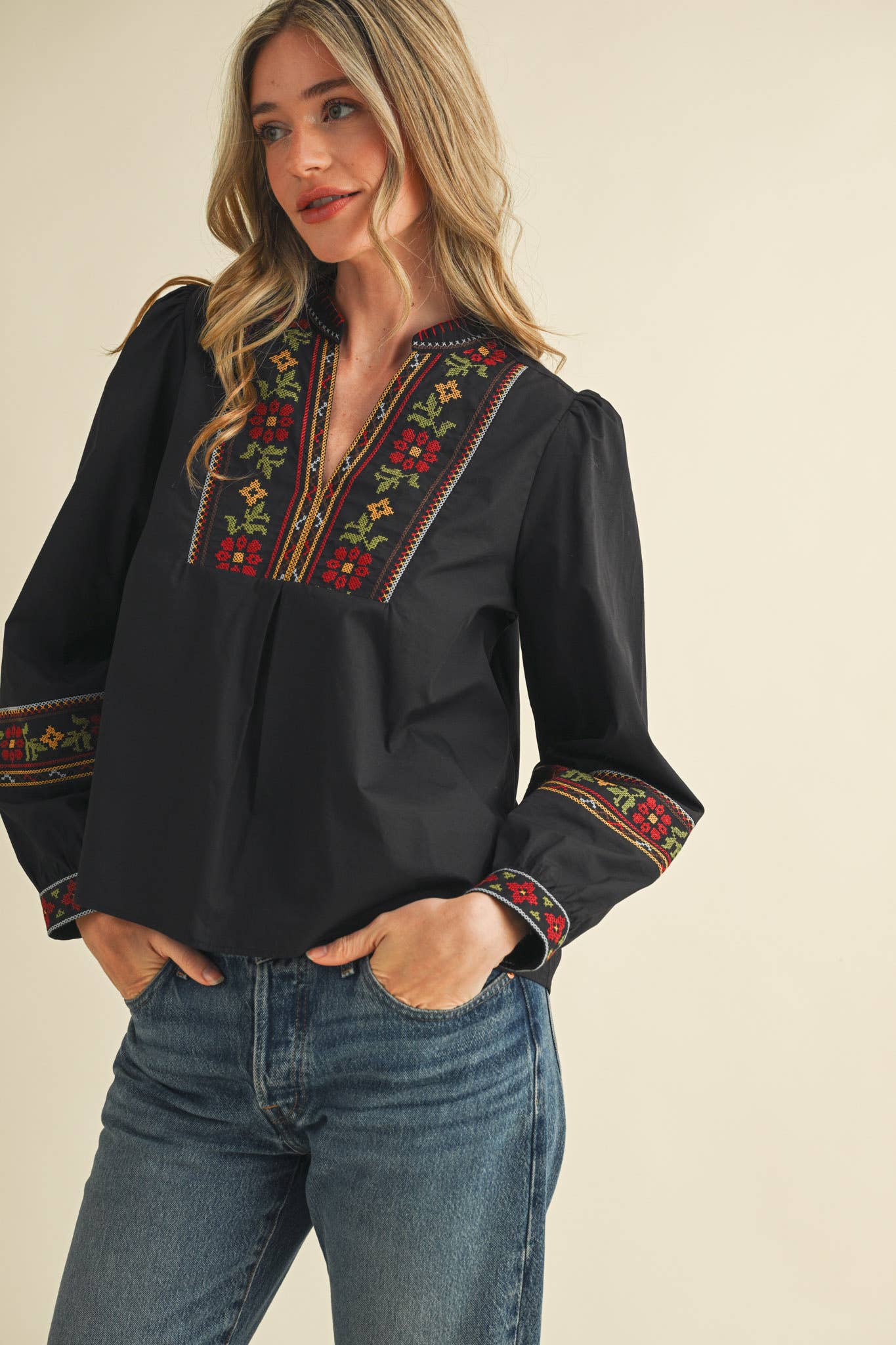 FLORAL CROSS STITCH EMBROIDERED PUFF SLEEVE TOP MTP4089 - Suburban Boho