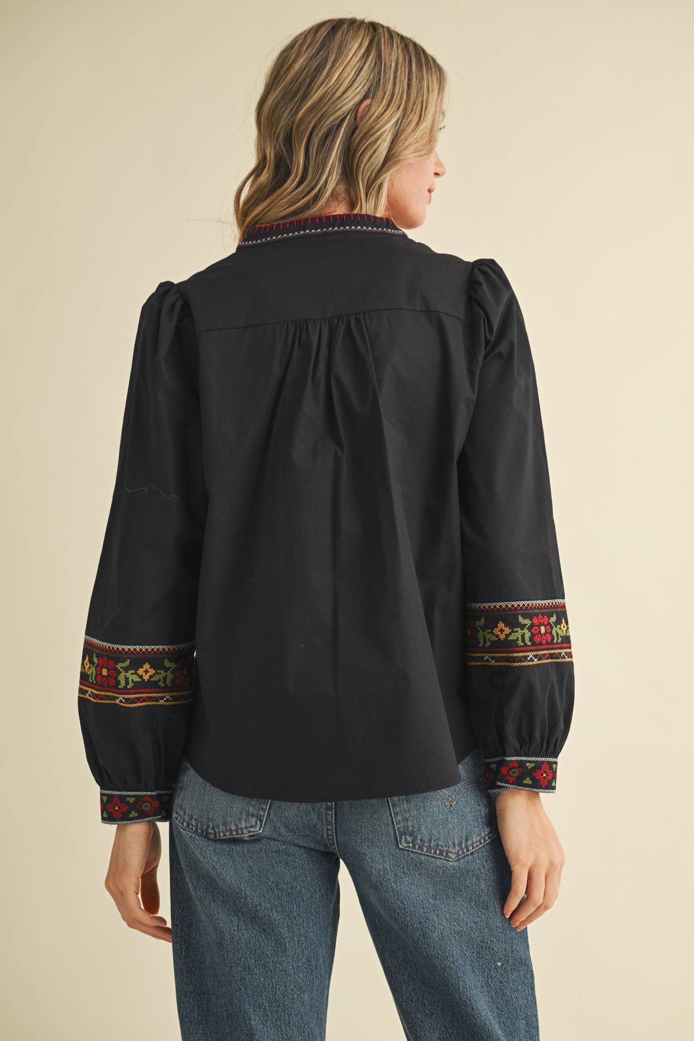 FLORAL CROSS STITCH EMBROIDERED PUFF SLEEVE TOP MTP4089 - Suburban Boho