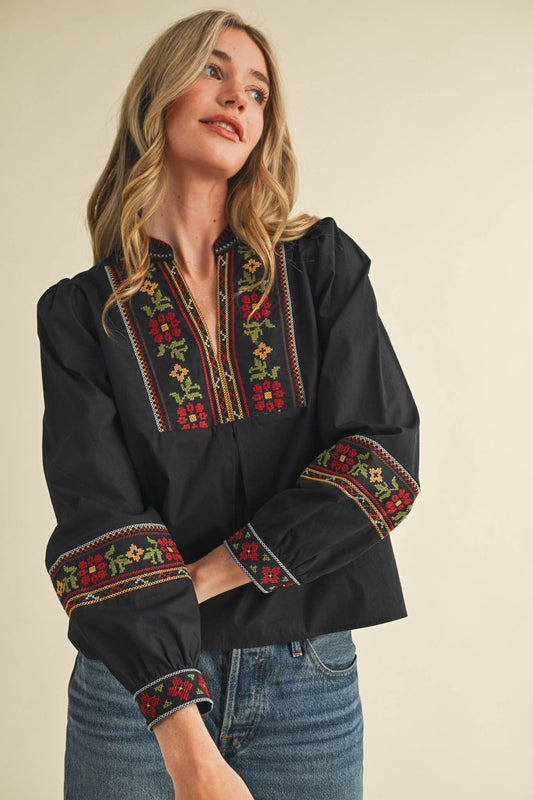 FLORAL CROSS STITCH EMBROIDERED PUFF SLEEVE TOP MTP4089 - Suburban Boho