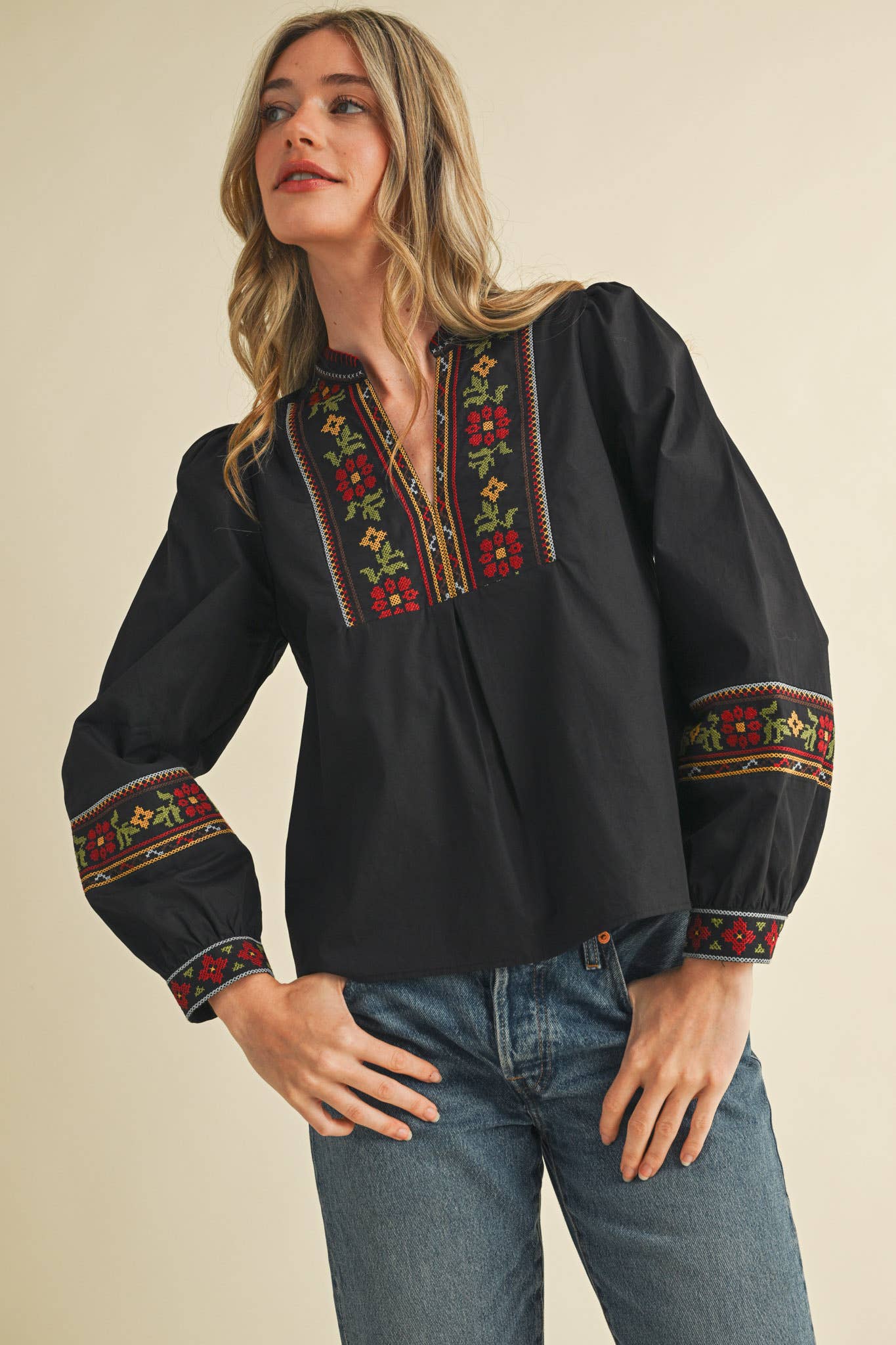 FLORAL CROSS STITCH EMBROIDERED PUFF SLEEVE TOP MTP4089 - Suburban Boho
